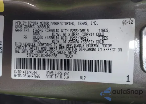 2012 Toyota Tundra Grade 4.6L V8 from USA, damaged, VIN 5TFEM5F10CX044230